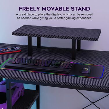 Ігровий стіл 210 x 50 см з розеткою та USB-портом, 3 варіанти встановлення, L-подібний ігровий стіл з полицею для монітора, ігровий стіл для ПК з карбоновою поверхнею