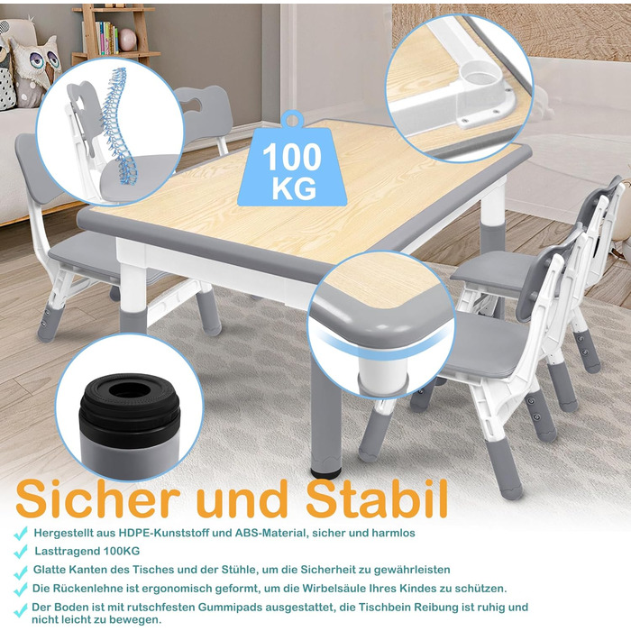 Дитячий стіл AufuN з 4 стільцями, комплект дитячих сидінь з регульованою висотою, комплект столу та стільців для дитячого садка та дитячої кімнати, простий у догляді стіл для малювання для класних кімнат, пластикові дитячі меблі, сірий