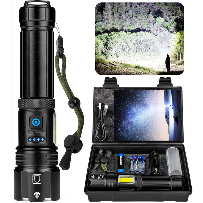 Акумуляторний світлодіодний ліхтарик, 1000000 люмен, надзвичайно яскравий світлодіодний ліхтарик з USB-акумулятором, 7 режимів світла, тактичний ліхтарик, водонепроникний ліхтарик IPX7 для кемпінгу та походів