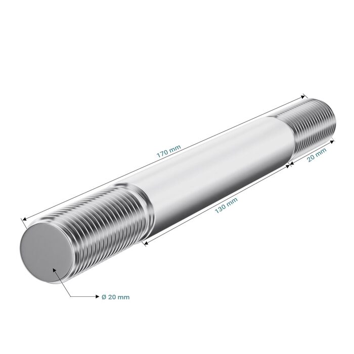 Вісь колісна Wiltec Standard 170 x 20 мм для тачки, ширина ступиці 130 мм, вісь для коліс тачок, візків, садових візків, ручних візків