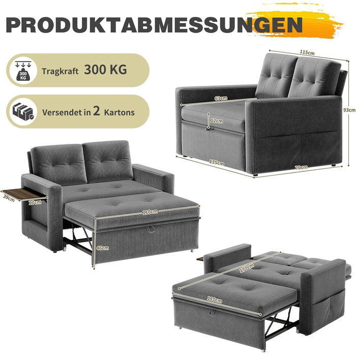 Диван YOUDENOVA з функцією сну, Розкладний диван з 5-позиційною регульованою спинкою, Диван-ліжко зі столиком та бічною кишенею, 2-місний диван-ліжко 177x135 см, Вельветово-сірий