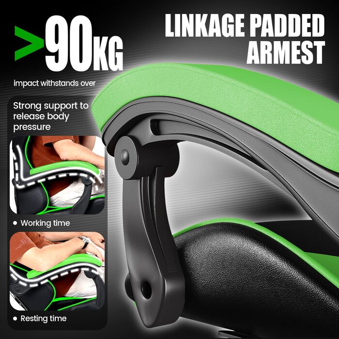 Ергономічне ігрове крісло, ігрове крісло для ПК, регульоване по висоті та нахилу, зі штучної шкіри з м&39яким підголівником, ігрове крісло для дітей, підлітків та дорослих, ігровий офіс (чорно-зелений) чорно-зелений базовий