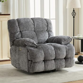 Крісло-гойдалка з функцією відкидання та гойдання, надзвичайно велике електричне крісло для телевізора, надзвичайно широке поворотне крісло-гойдалка, електрично регульований кут нахилу 90-140, порти USB та Type-C, сірий