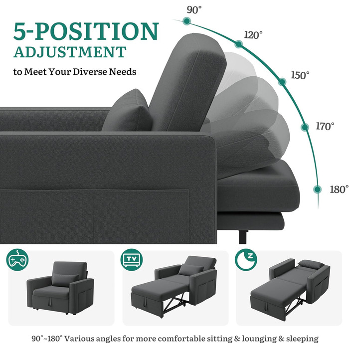 Крісло-ліжко з функцією сну 19288, розкладний диван-ліжко 3-в-1, регульоване одномісне крісло з подушкою та бічною кишенею, диван з функцією сну для вітальні-квартири, темно-сірий