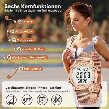 Крокомір, водонепроникний цифровий годинник для відстеження фітнесу, без Bluetooth та додатку, годинник для старших людей з крокоміром та лічильником калорій, спортивний годинник для ходьби/бігу, рожеве золото, жіночий, ширина ремінця 18 мм