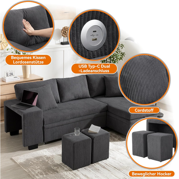 Кутовий диван Merax з функцією сну, практичний розкладний диван з ящиком для зберігання та USB-роз&39ємом, розкладний диван з місцем для зберігання, бічними полицями, сучасний L-подібний диван для вітальні, спальні, сірий B-сірий (з бічними полицями)