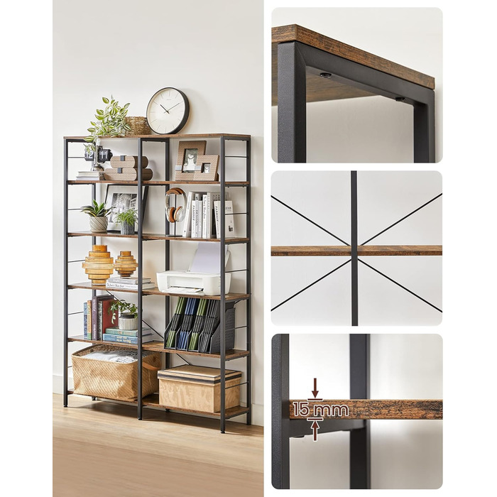 Книжкова полиця VASAGLE, окремостояча полиця з 6 полицями, 30 x 120 x 170 см, промисловий дизайн, для вітальні, кабінету, балкону, кухні, вінтажний коричнево-чорний колір LLS114B01