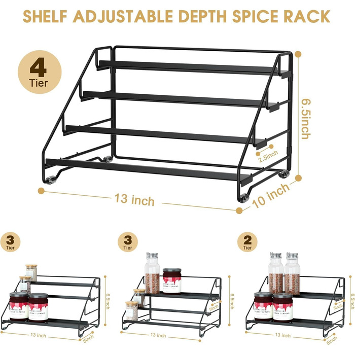 Рівнева металева підставка для спецій Jolitac, кухонна підставка для спецій, не потребує свердління, органайзер для спецій для кухні, шафи, комори, стільниці, 4-