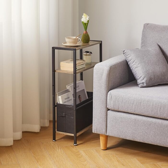 Вузький журнальний столик з поверхнею для зберігання, 3-ярусний вузький журнальний столик з тканинним кошиком, тонкий журнальний столик для вітальні, спальні, кабінету, тумбочки, офісу, світло-сірий дуб YD-TM052Y