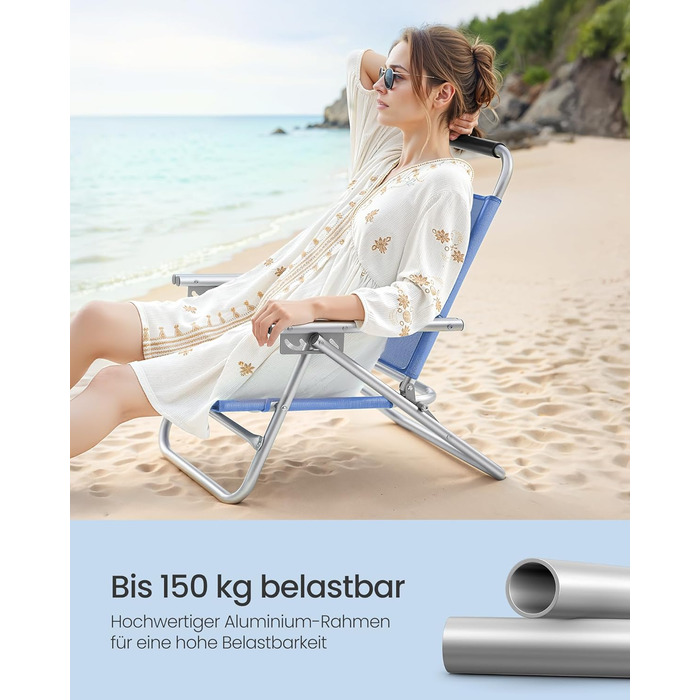 Пляжне крісло SONGMICS, портативне розкладне крісло, регульована спинка в 4 положеннях, з підлокітниками, дихаюче та зручне, вуличне крісло 1, синього кольору