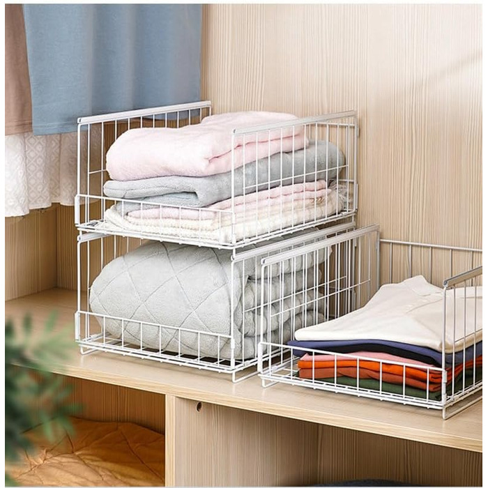 Організатор для шафи з 3 предметів, штабелювана коробка для зберігання, органайзер для шухляд шафи, металева полиця, складна система організації гардеробу для дому, білий, великий