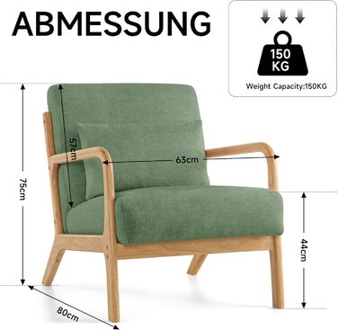 Акцентне крісло з подушкою, сучасне м&39яке крісло для вітальні, крісло для відпочинку з підлокітниками та дерев&39яним каркасом, зручне крісло для читання, зелена тканина, комплект з