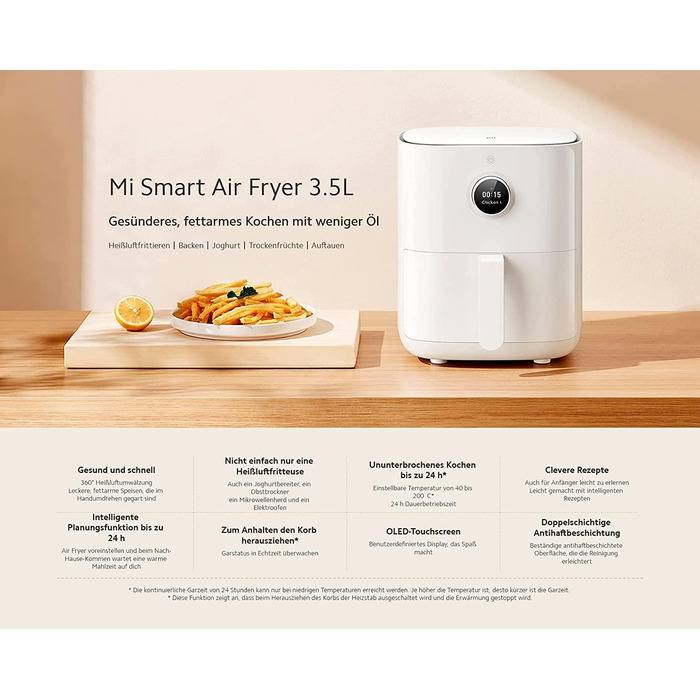 Фритюрниця Xiaomi Mi Smart Air Fryer 3.5 л з OLED-дисплеєм і додатковим додатком iOS/Android Mi Home (1 500 Вт, 3,5 літра, 40-200C, функція таймера, можна мити в посудомийній машині, сумісна з Google Assistant) Фритюрниця Pro 3.5 л