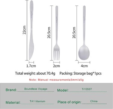 Набір титанових столових приборів для кемпінгу, вулиці з довгою ручкою, ложка, виделка, ніж, універсальний металевий посуд, щоденне використання, дорожнє начиння Ti1055T Ti1055t Набір ложок, виделок та ножів