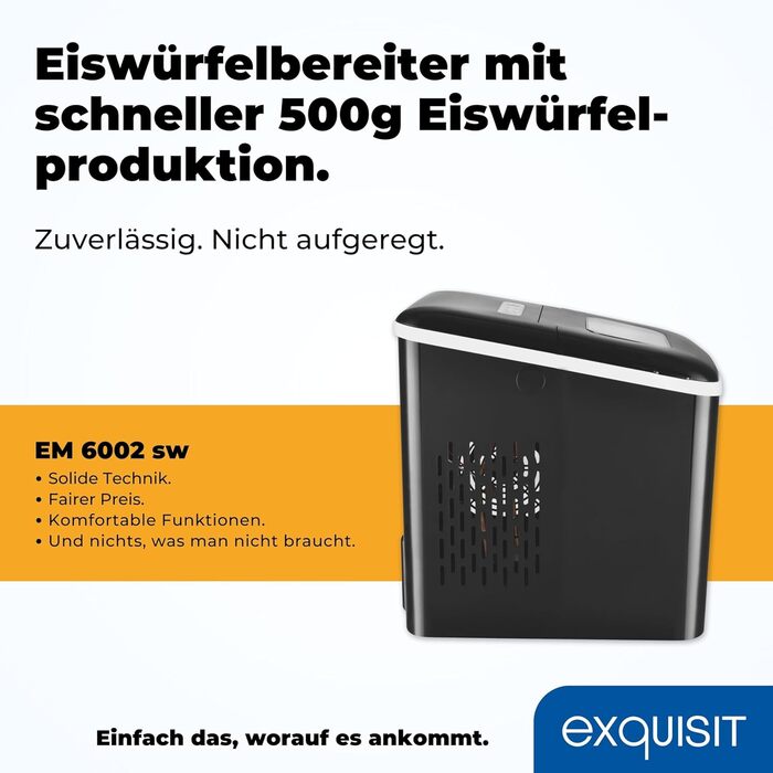 Машина для виготовлення кубиків льоду Exquisit EM 6002 sw Виготовлення кубиків льоду за 7 хвилин Бак для води 1,8 літра без підключення води Чорний кубики льоду Світлодіодний дисплей стану Низький рівень шуму