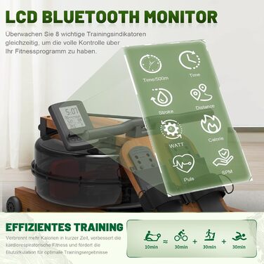 Дерев&39яний водний гребний тренажер Kitopa, складний домашній гребний тренажер з 30-денним членством у Kinomap, максимальний зріст користувача 2 м/160 кг, водний гребний тренажер з Bluetooth-дисплеєм та регульованим тримачем для телефону, коричневий