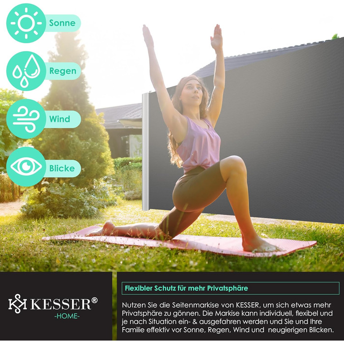 Алюмінієва бічна маркіза KESSER, розсувна та непрозора, 300 x 180 см Захист від вітру та приватності в саду з автоматичним механізмом згортання для балкона та патіо Бічна штора, включаючи дощовик з настінним кріпленням, темно-сіра, 300 x 180 см