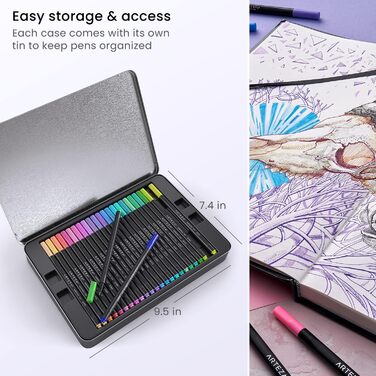 Набір ARTEZA Inkonic Fineliner Set, 72 тонких фломастера з наконечником 0,4 мм, кольоровий bullet journal fineliner, трикутний, з ергономічним стволом і кольоровими номерами для розфарбовування, малювання і деталізації ука (упаковка 72 шт. и)