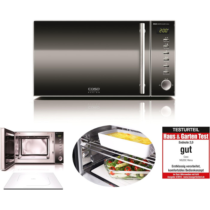 КАСО MG20 Керамічне меню 2-в-1 Мікрохвильова піч з грилем Керамічна основа та решітка для гриля на 2 рівні, гриль 900 Вт, 1000 Вт, 20 л, нержавіюча сталь, дзеркальна 20 літрів