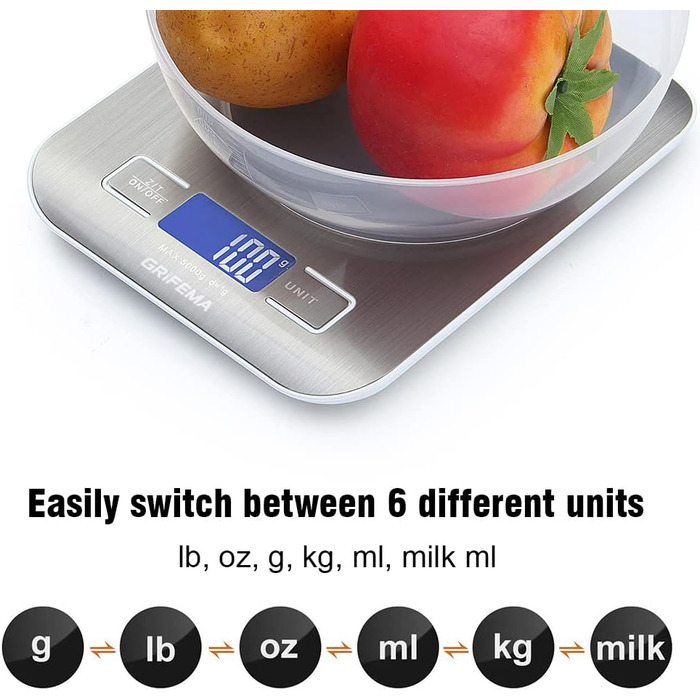 Кухонні ваги GRIFEMA з нержавіючої сталі, високоточні цифрові ваги 1г-5000г з РК-дисплеєм, функція тари, 6 одиниць вимірювання, ба