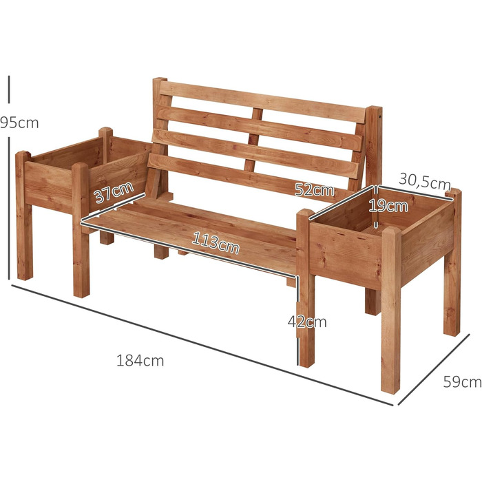 Лавка Outsunny Garden, 2-місна лава, дерев'яна лава, балконна лавка з квітковим ящиком, для саду, тераса, навантаження до 240 кг, 184 х 59 х 95 см, темно-коричнева