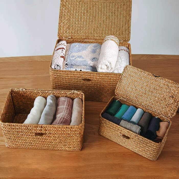 Плетений кошик для зберігання з ротанга, кошик з ротанга з кришкою, коробка для зберігання з кришкою, натуральна морська трава, кошики для білизни, органайзер для косметики для ванної кімнати, вітальні, кухні (малий середній великий)