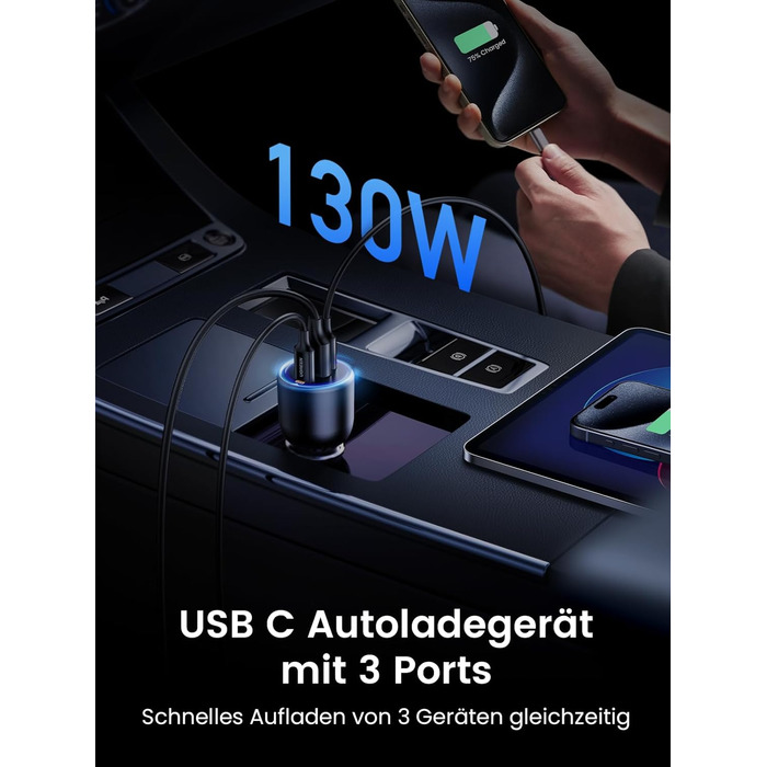 Прикурювач UGREEN USB C 130 Вт USB C Автомобільний зарядний пристрій 3-портовий автомобільний зарядний пристрій USB C Сумісний з iPhone 15/15 Plus/15 Pro/15 Pro Max/14/13/12, MacBook Pro/Air, Surface Pro, Galaxy S24/S23 тощо