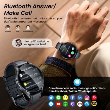 Чоловічий смарт-годинник з ЕКГ HDR-монітором артеріального тиску круглий AMOLED-смарт-годинник 1,43 дюйма зі шкіряним ремінцем, водонепроникний, пульсометр, крокомір, функція телефону, фітнес-годинник, сумісний з Android/iOS, чорний