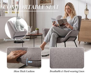 Льняне крісло Chairus для вітальні, балкону, сучасне м&39яке крісло-реклайнер з металевими ніжками (сіре)