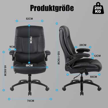 Офісний стілець Youhauchair 200 кг для важчих людей, крісло керівника зі штучної шкіри, ергономічне офісне крісло з відкидними підлокітниками, письмове крісло для домашнього офісу, чорний сучасний