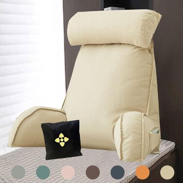 Подушка для читання, подушка для спини, подушка для відпочинку на ліжку з підлокітниками, поперекова подушка з подушкою для шиї та кишенею, подушка для підтримки спини під час читання або перегляду телевізора, 75 см 40 см 50 см, бежевий.