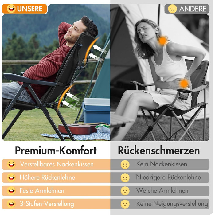 Крісло для кемпінгу Portal, складне, спинка регулюється в 3 положеннях, розкладне крісло, вантажопідйомність 160 кг, висока спинка, крісло для кемпінгу/рибальства, садове крісло, крісло для відпочинку, алюмінієве, для саду, балкону, пікніка, чорне