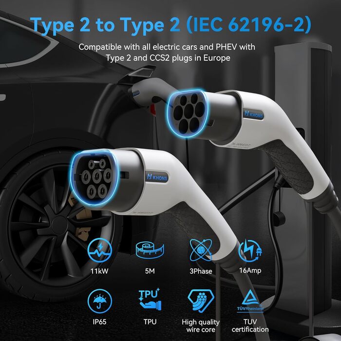 Зарядний кабель K.H.O.N.S. тип 2 режим 3 11 кВт 16 А 3-фазний 5 м для електромобіля/гібридного EV тип 2 до типу 2 IP65 сумісний з