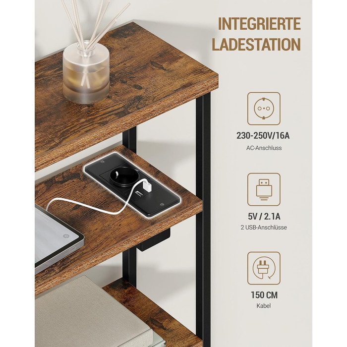 Вузький бічний столик Hzuaneri, 4-ярусний бічний столик для дивана з тримачем для журналів та зарядними розетками, підходить як тумбочка для вітальні або кабінету, вінтажний коричнево-чорний ET40001BEU