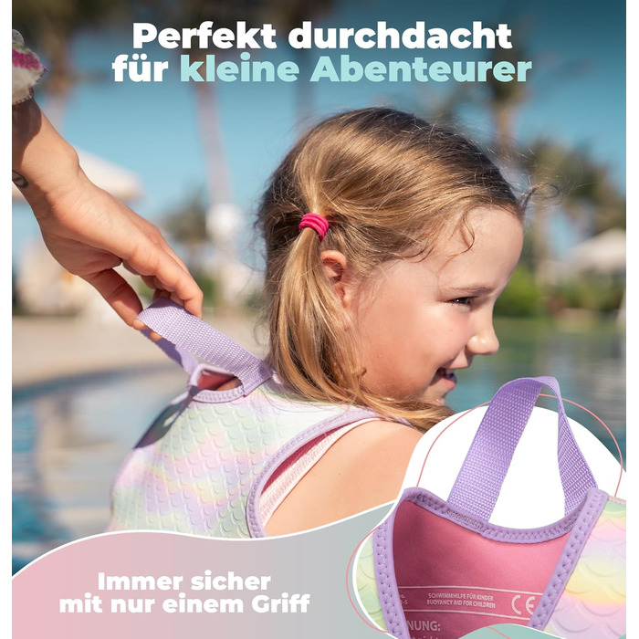 Дитячий рятувальний жилет KIDVERSE - Зручний засіб для плавання для дітей - Безпечне навчання плаванню для хлопчиків та дівчаток - Дитячий рятувальний жилет - Розмір S (15-19 кг) та Розмір M (19-30 кг) Фіолетова Русалка M