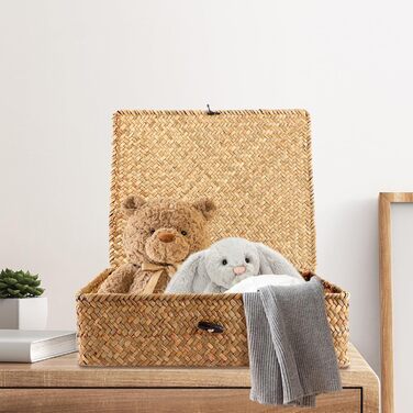 Кошики з натуральної морської трави з кришками - Ротангові кошики з кришками - Плетені кошики з морської трави - Прямокутні плетені кошики з ротанга - Кошики для зберігання речей для ванної кімнати, вітальні, кухні, 3