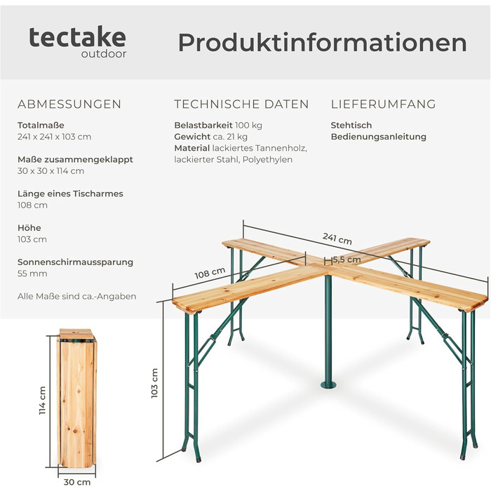 Стіл tectake Quattro як комплект пивного намету, дерев&39яний пивний стіл XXL, складаний, вуличний розкладний стіл з тримачем для парасольки, всепогодний садовий стіл, місце для 20 осіб, міцний та стійкий