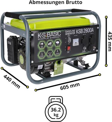 Бензиновий генератор KSB 2800A з алюмінію, 6,5 к.с. - 4-тактний бензиновий двигун з автоматичним регулятором напруги, 230 В (AVR), 2800 Вт, 16 А, для дому та відпочинку