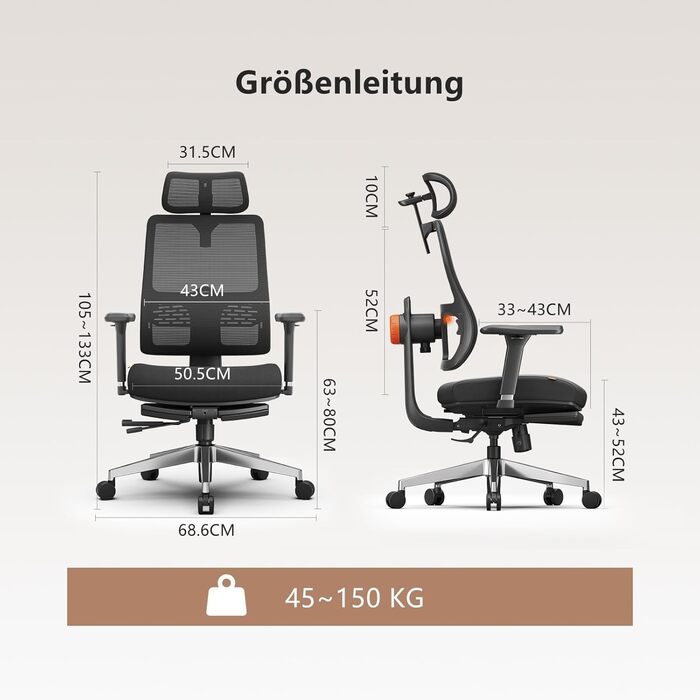 Ергономічне офісне крісло Newtral MAGICH-PRO з підставкою для ніг, ергономічне робоче крісло з динамічним підголівником та поперековою опорою, ергономічне офісне крісло 150 кг (MAGICH PRO з підставкою для ніг, чорний) Чорний MAGICH PRO з підставкою для ні