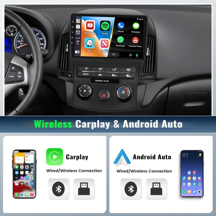 Автомобільна стереосистема Android 13 для Hyundai I30 2006-2011 з бездротовим Apple Carplay Android Auto, 9-дюймовий екран з Bluetooth GPS FM RDS WiFi HiFi SWC EQ USB камера заднього виду, 264G