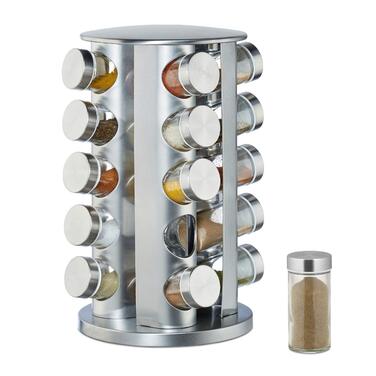 Карусель для спецій Relaxdays з 20 баночками для спецій, обертається на 360, контейнери для спецій для посипання, висота 34,5 см, нержавіюча сталь, срібло