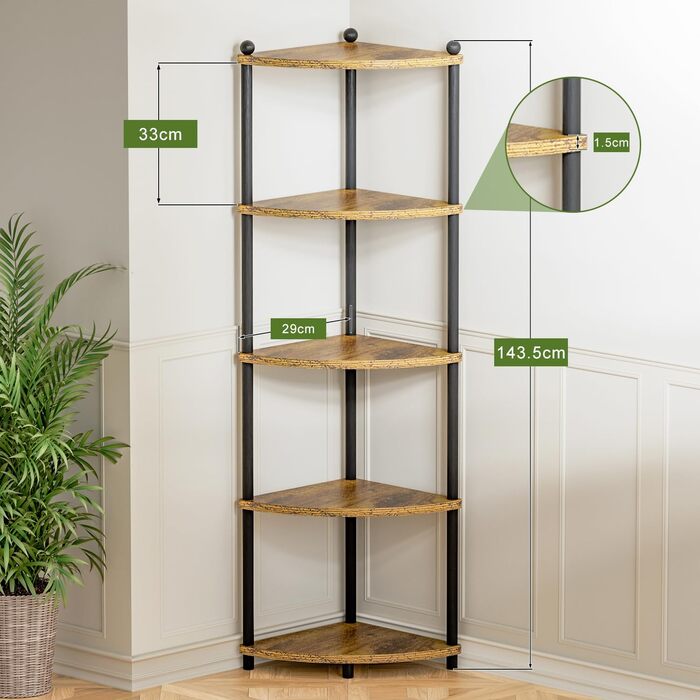 Кутова полиця Ruichang, стояча, 5 ярусів, книжкова полиця, окремостояча полиця, полиця для зберігання, стелаж для кухні, ванної кімнати, вітальні, офісу, 143,5 x 29 x 29 см, чорний