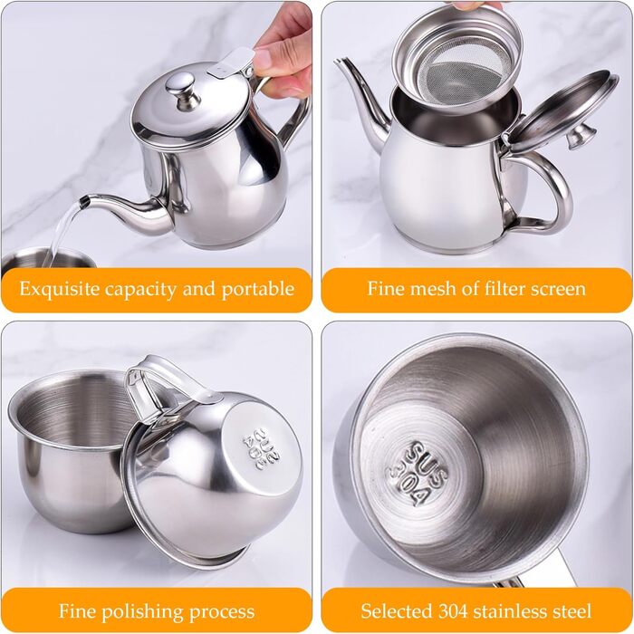 Дитячий чайний набір включає в себе портативний чайник з нержавіючої сталі обємом 330 мл з довгим носиком та фільтром, а також 4 чашки по 70 мл для чаювання вдома або в поході.