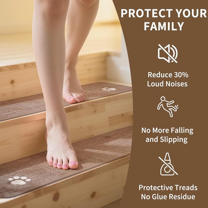Сходинки для внутрішніх сходів, нековзні з гумовою основою, без залишків, підходять для дітей, людей похилого віку та домашніх тварин, можна прати в пральній машині, 20,3 x 76,2 см, коричневі