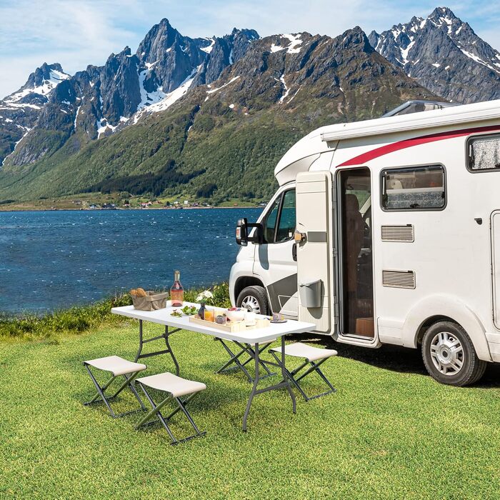 Складаний стіл з ручкою для перенесення, водонепроникний садовий стіл, складний кемпінговий стіл, складний набір для пивного саду, фуршетний стіл для вечірок на свіжому повітрі, пляжних барбекю, 180 x 75 x 74 см, білий