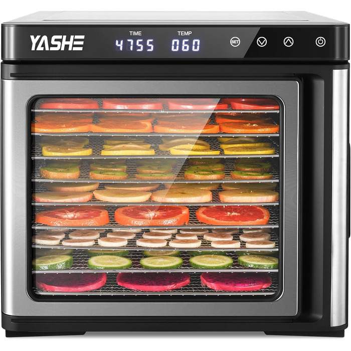 Дегідратор з нержавіючої сталі, дегідратор для фруктів та овочів потужністю 1000 Вт зі світлодіодним дисплеєм, точний контроль температури (35-75C), 48-годинний таймер, 9 лотків з нержавіючої сталі, 2 сітчасті решітки, 1 лоток для фруктових рулетів