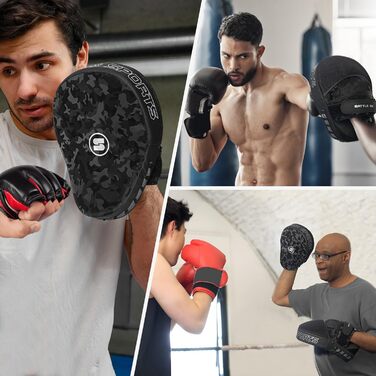 Накладки на руки Stealth Sports, вигнуті боксерські щитки, шкіряні щитки, накладки для фокусування для боксу, ММА, кікбоксингу, муай-тай, карате, бойових мистецтв, тхеквондо, накладки для хука та джебу, чорний камуфляжний візерунок