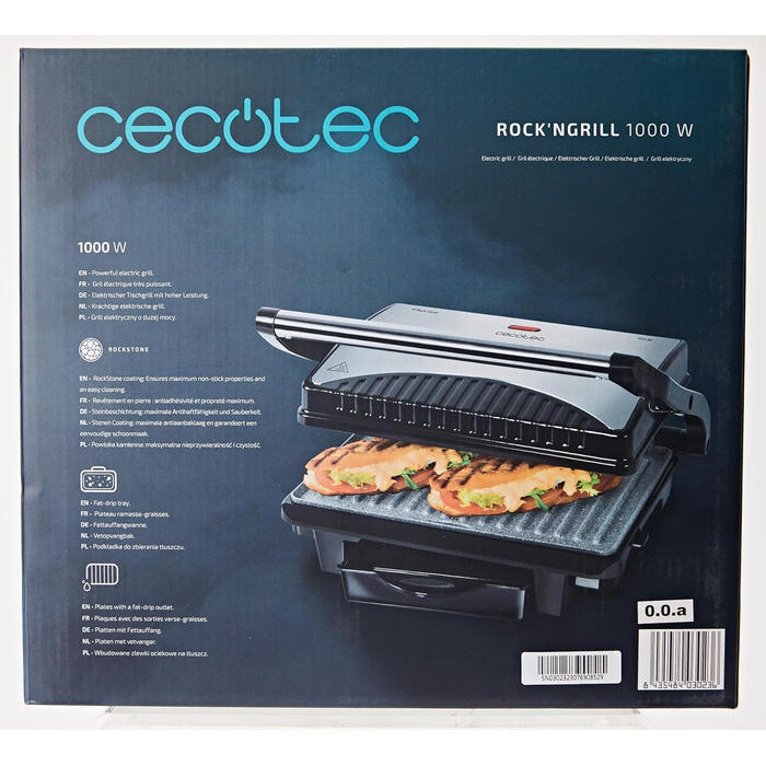 Електричний гриль Cecotec Rock'nGrill 1500 Rapid. Облицювання з каменю RockStone, регульована по висоті верхня пластина, піддон дл