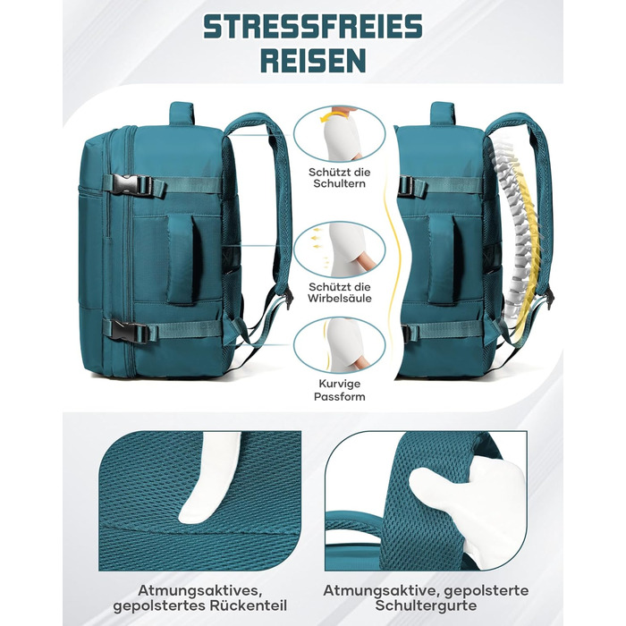 Рюкзак Suradar для ручної поклажі 40x30x20 см для Ryanair, Wizzair, малий рюкзак для ручної поклажі, літак, 24 л, дорожній рюкзак, сумка 40x30x20 см, рюкзак для ручної поклажі під сидінням для ноутбука 15,4 дюйма, колір павиного синього, F-pavion blue 40x