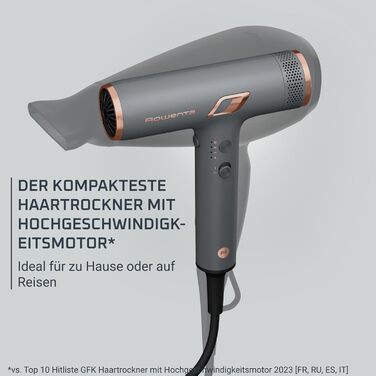 Фен для волосся Rowenta Maestria Nano, швидкий, іонічний та легкий, HY8120 Сірий/Рожеве золото